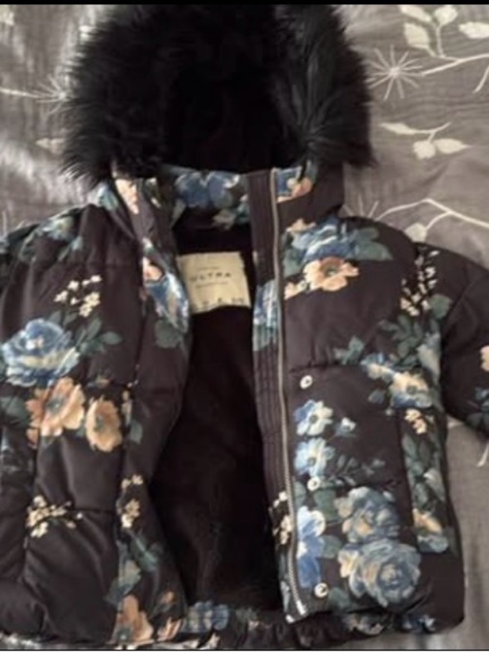 abercrombie kids Black Floral Quilted Puffer Jacket with Blue & Cream Flowers
